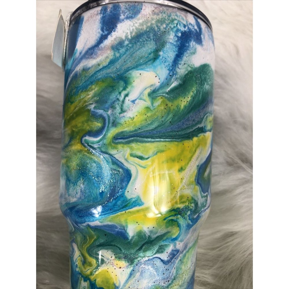 32 Ounce Tumbler Hand Painted Teal’s Blues Yellows Pearls & Glitter Lid Custom - Picture 5 of 16